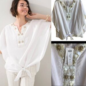 NWT Chico's Alabaster Linen Blend Tie Front Blouse‎ WHITE LAGENLOOK SIZE P2